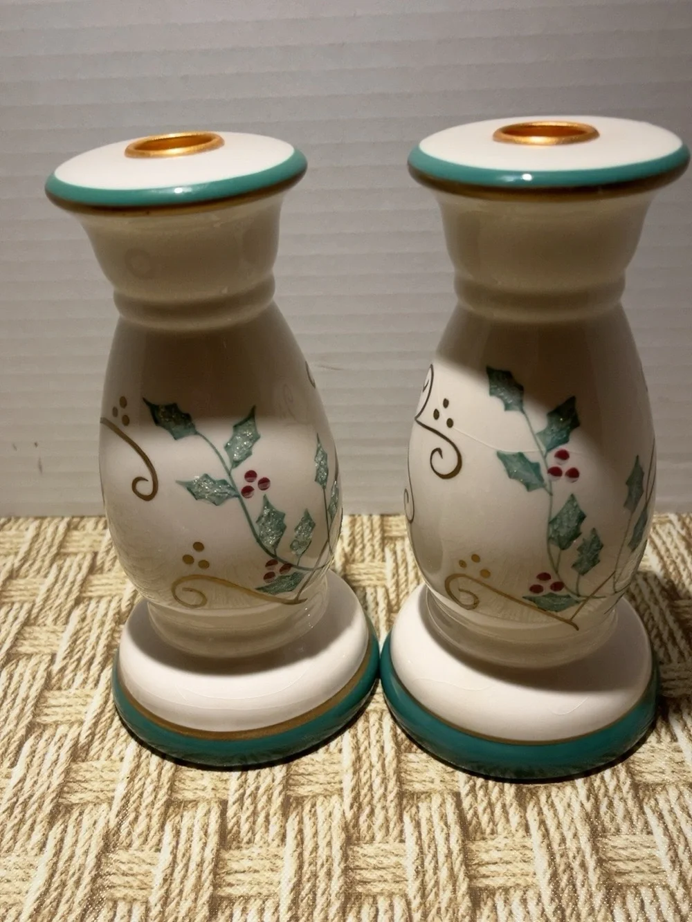 Pair Christmas Holly Ceramic Candlestick Holders 8” Teal Gold Red Berries